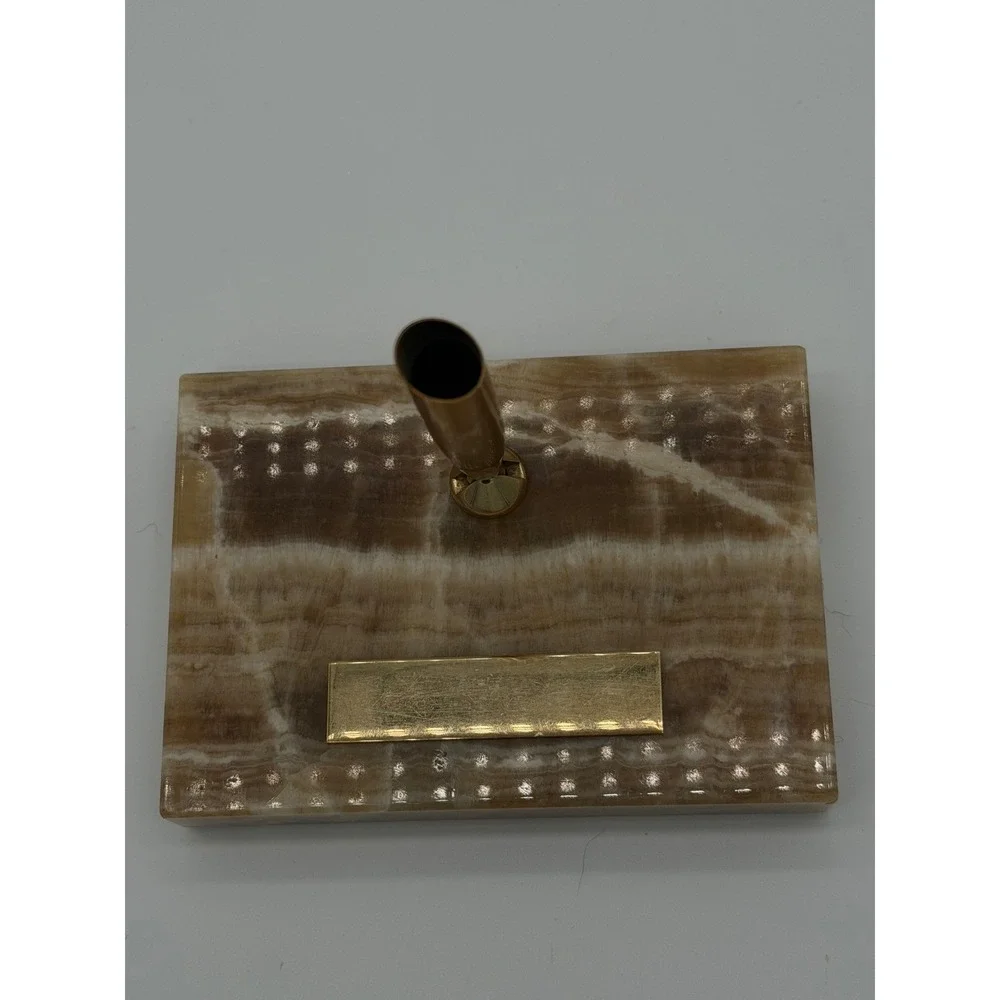 Vintage Onyx Stone Desk Pen Holder Gold Tone Base Mid Century Executive Decor